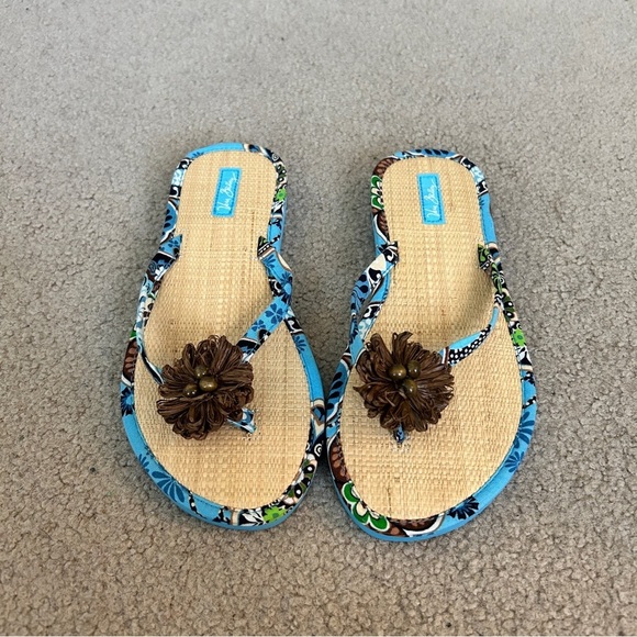 Floral Blue and Brown Women's Sandals - Picture 1 of 4